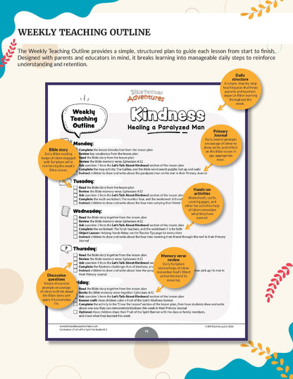 Fruit of the Spirit Kindness' workbook for grades K-2 - A digital graphic preview of a printable 'Weekly Teaching Outline' template titled 'Kindness: Healing a Paralyzed Man'. The white document is shown with orange circular callouts highlighting daily tasks, set against a light beige background with decorative teal and orange leaf patterns.