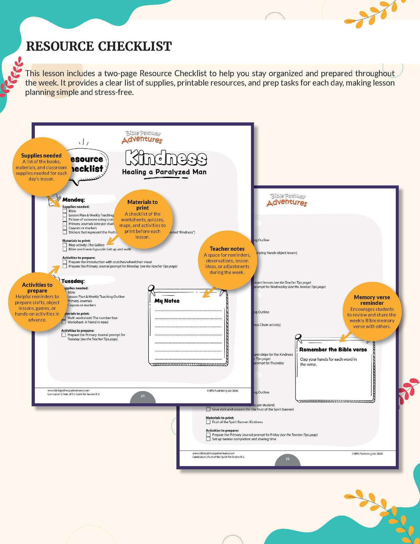 Fruit of the Spirit Kindness' workbook for grades K-2 - A digital preview of a printable lesson resource titled 'Resource Checklist' with three overlapping worksheet pages labeled 'Kindness: supporting callout circles, shown on a light cream background with decorative teal and gold accents.
