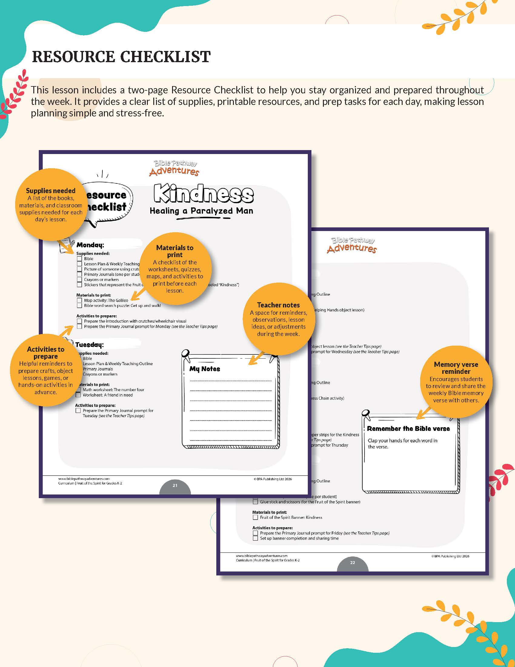 Fruit of the Spirit Kindness' workbook for grades K-2 - A digital preview of a printable lesson resource titled 'Resource Checklist' with three overlapping worksheet pages labeled 'Kindness: supporting callout circles, shown on a light cream background with decorative teal and gold accents.