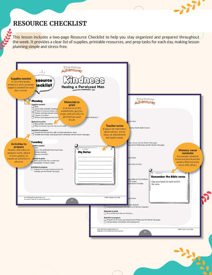 Fruit of the Spirit Kindness' workbook for grades K-2 - A digital preview of a printable lesson resource titled 'Resource Checklist' with three overlapping worksheet pages labeled 'Kindness: supporting callout circles, shown on a light cream background with decorative teal and gold accents.