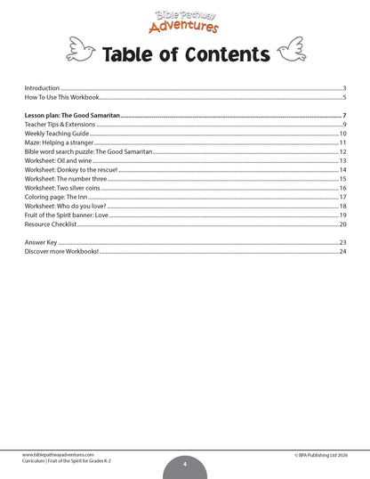 A table of contents page from a Bible teaching adventures Love Fruit of the Spirit workbook, showing the list of sections and page numbers on a white background.