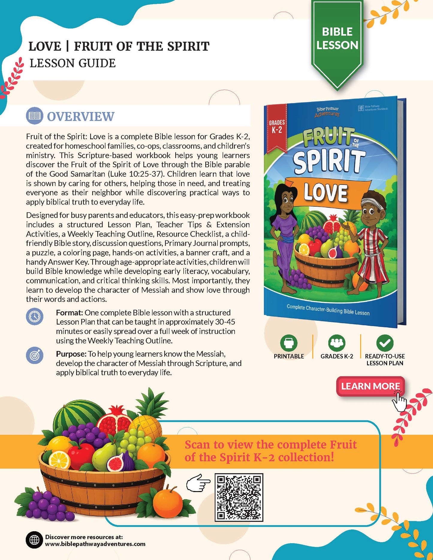 A promotional flyer for the 'Love: Fruit of the Spirit Lesson 1' from Discovering Bible Teachers, showing a preview of the K-2 Bible lesson book, lesson overview text, and a QR code.