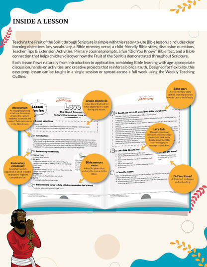 Fruit of the Spirit Love' workbook for grades K-2 - An educational Bible lesson guide titled 'INSIDE A LESSON' featuring a large open book layout with lesson pages, circular orange callout bubbles, and a small illustration of a child at the bottom left.