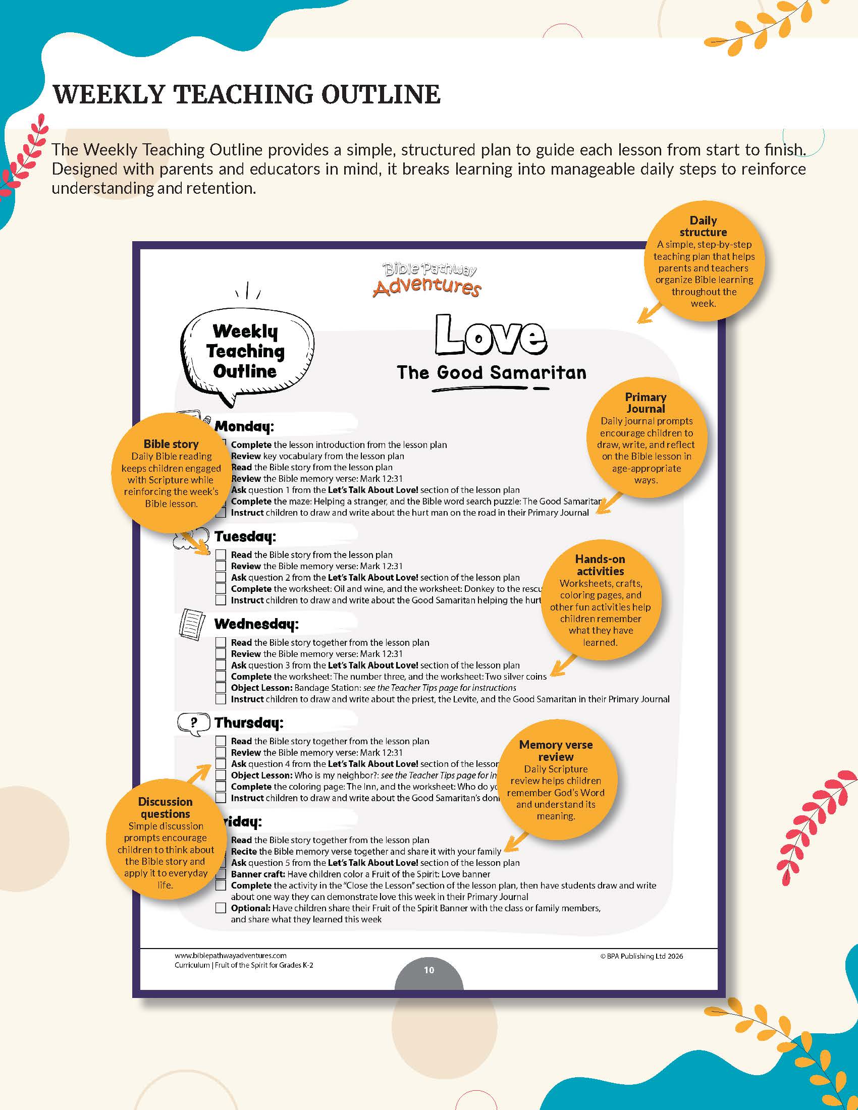 A weekly teaching outline poster template titled 'Love: The Good Samaritan' with structured daily lesson plans from Monday to Friday, surrounded by orange callout circles and decorative beige background graphics.
