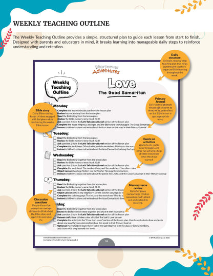A weekly teaching outline poster template titled 'Love: The Good Samaritan' with structured daily lesson plans from Monday to Friday, surrounded by orange callout circles and decorative beige background graphics.