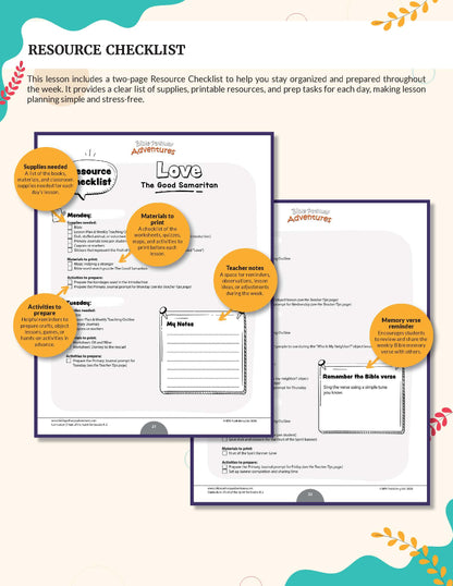 Lesson plan preview for a 'Resource Checklist'  - Fruit of the Spirit Love' workbook for grades K-2 -  showing printable worksheet pages with instructional text and orange callout bubbles on a light beige background with decorative teal and gold accents.