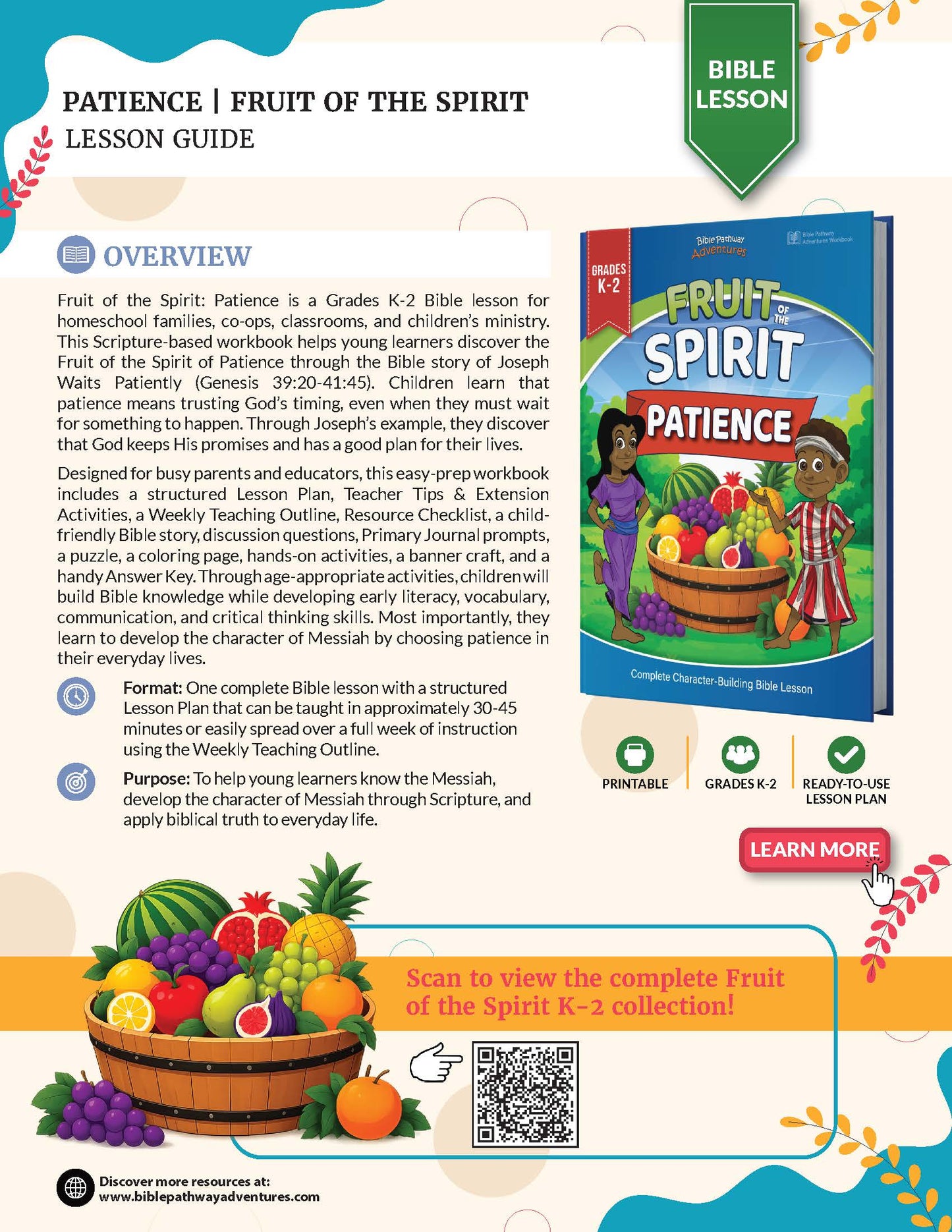 A promotional flyer for the 'Love: Fruit of the Spirit Lesson ' from Discovering Bible Teachers, showing a preview of the K-2 Bible lesson book, lesson overview text, and a QR code.