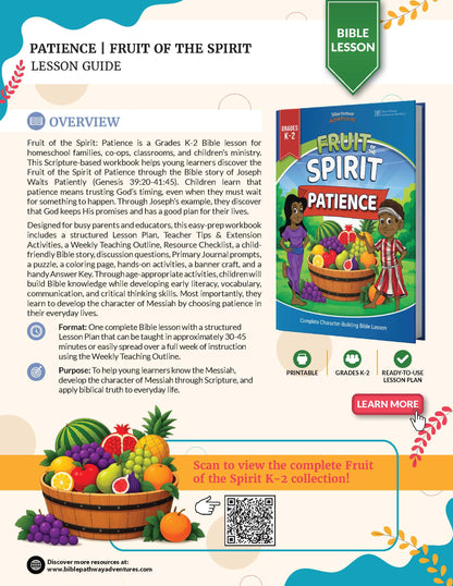 A promotional flyer for the 'Love: Fruit of the Spirit Lesson ' from Discovering Bible Teachers, showing a preview of the K-2 Bible lesson book, lesson overview text, and a QR code.