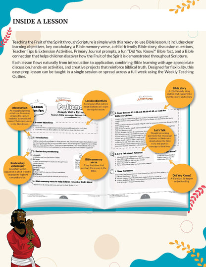 Patience | Fruit of the Spirit Complete Bible Lesson for Grades K-2 - An educational lesson plan poster titled 'INSIDE A LESSON' for 'The Fruit of the Spirit Through Scripture', featuring a large illustration of an open Bible surrounded by circular callouts and a small cartoon character in the bottom left corner.