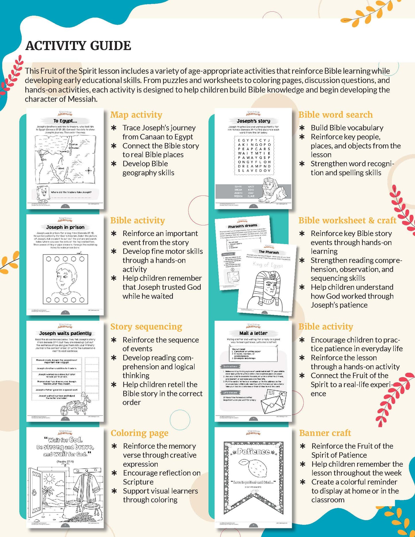 Patience | Fruit of the Spirit Complete Bible Lesson for Grades K-2 - An educational activity guide poster titled 'ACTIVITY GUIDE' with a colorful grid of lesson activities such as map activity, Bible word search, Bible activity, Bible worksheet & craft, story sequencing, coloring page, and banner craft, plus explanatory text at the top.