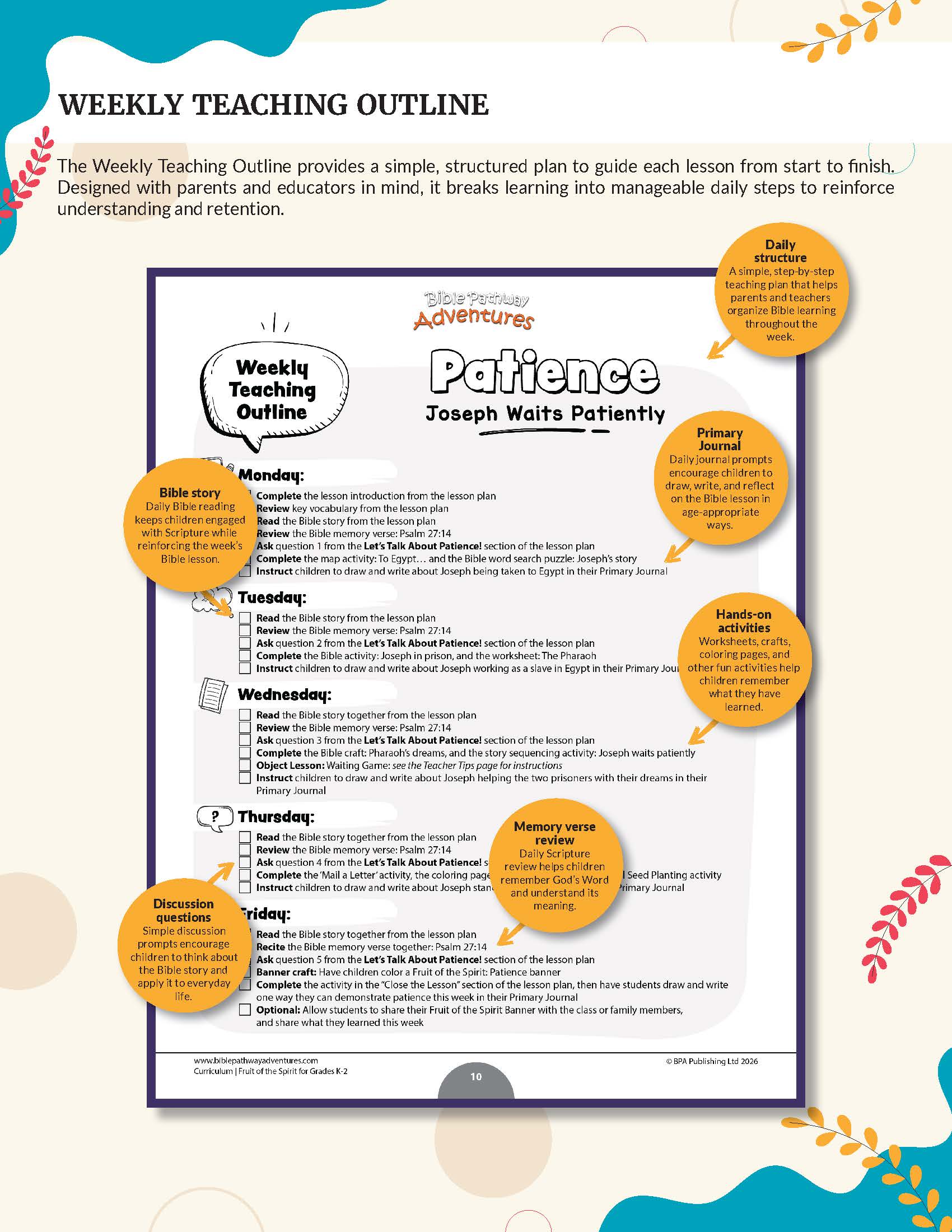 Patience | Fruit of the Spirit Complete Bible Lesson for Grades K-2 - A weekly teaching outline poster titled 'Patience Joseph Waits Patiently' with a structured daily schedule from Monday to Friday and several orange callout bubbles explaining key concepts, shown on a light beige background.