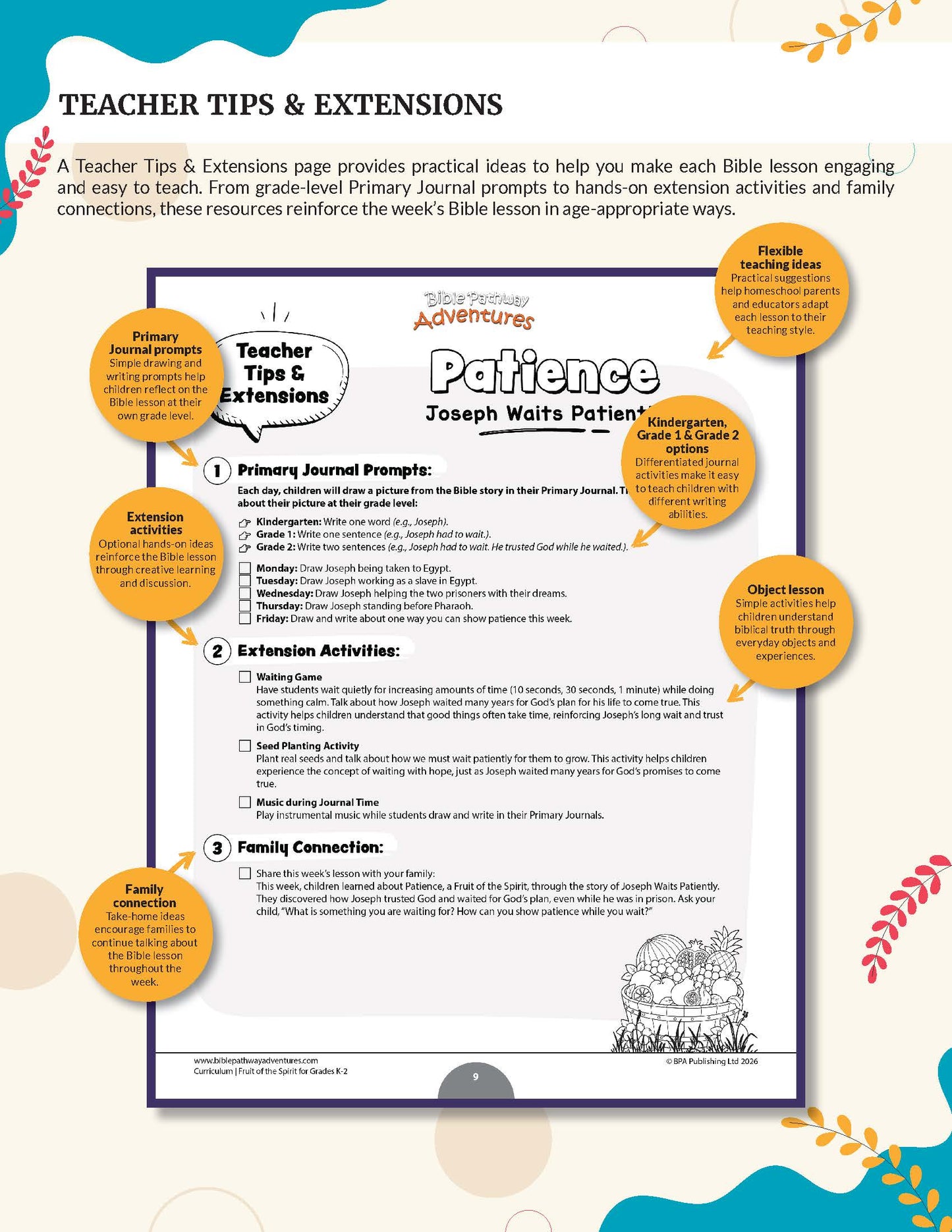 Patience | Fruit of the Spirit Complete Bible Lesson for Grades K-2 - A printable educational worksheet titled 'Teacher Tips & Extensions' for the Bible lesson 'Patience' from 'The Lord's Adventures'. The page features a white background with black text, a purple border, and several orange circular callouts with additional teaching tips and activities, set against a light beige background with decorative leaf illustrations.