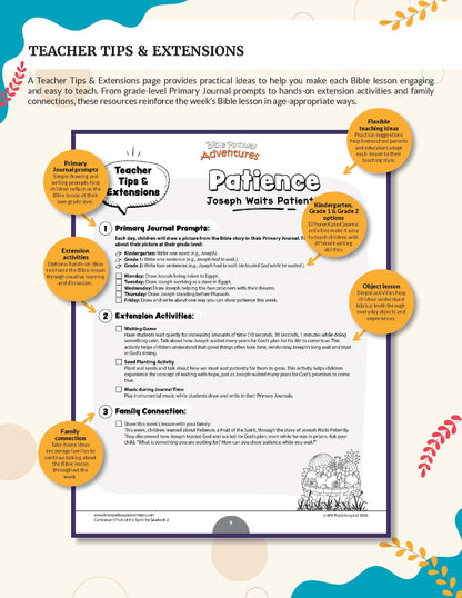 Patience | Fruit of the Spirit Complete Bible Lesson for Grades K-2 - A printable educational worksheet titled 'Teacher Tips & Extensions' for the Bible lesson 'Patience' from 'The Lord's Adventures'. The page features a white background with black text, a purple border, and several orange circular callouts with additional teaching tips and activities, set against a light beige background with decorative leaf illustrations.