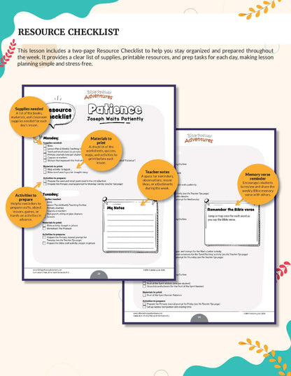 Patience | Fruit of the Spirit Complete Bible Lesson for Grades K-2 - A digital preview of a printable lesson plan resource titled 'Resource Checklist', showing two overlapping worksheet pages with orange callout circles highlighting included materials and activities.