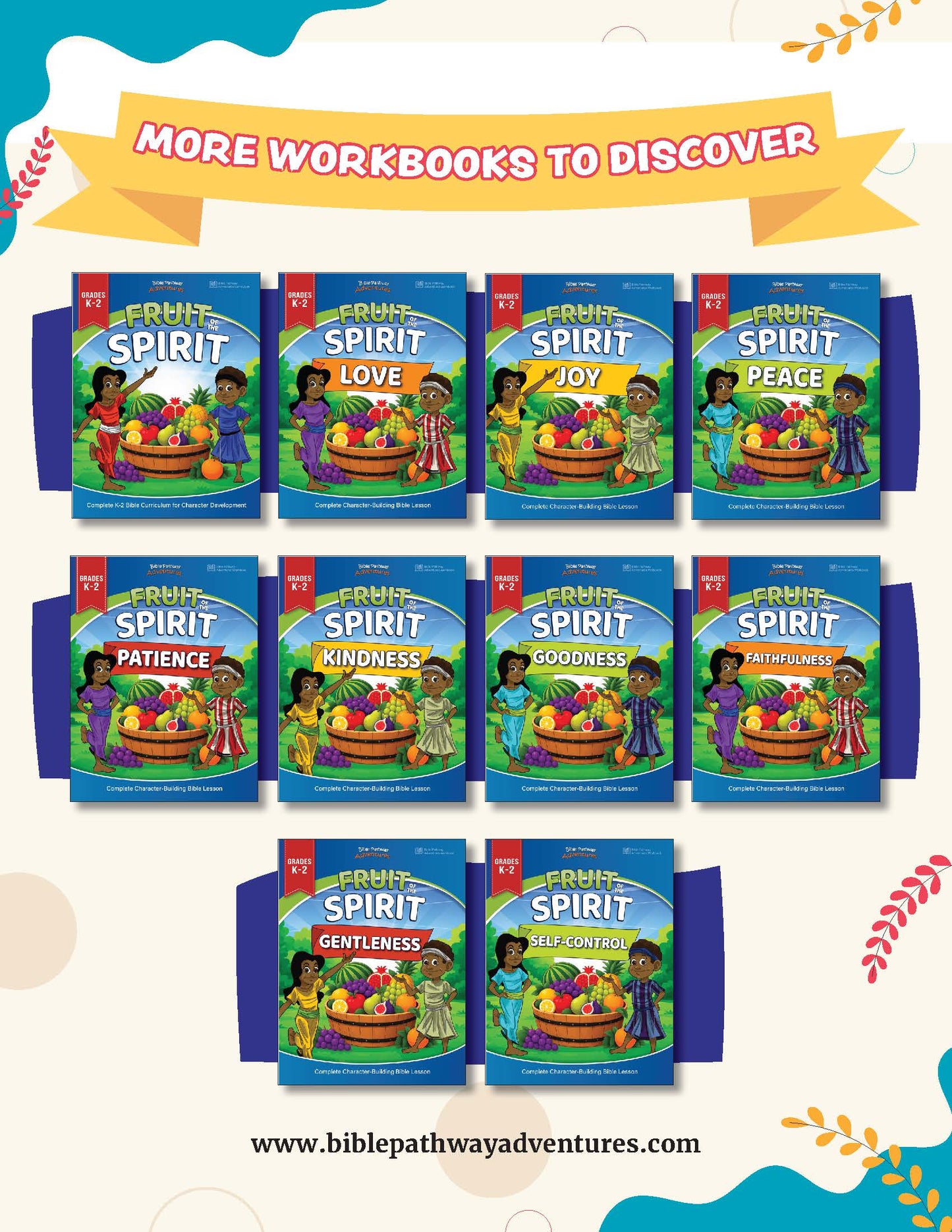 A promotional collage showing multiple boxed children's workbook books arranged in rows on a light cream background with decorative teal and yellow graphics. The top banner reads 'MORE WORKBOOKS TO DISCOVER.