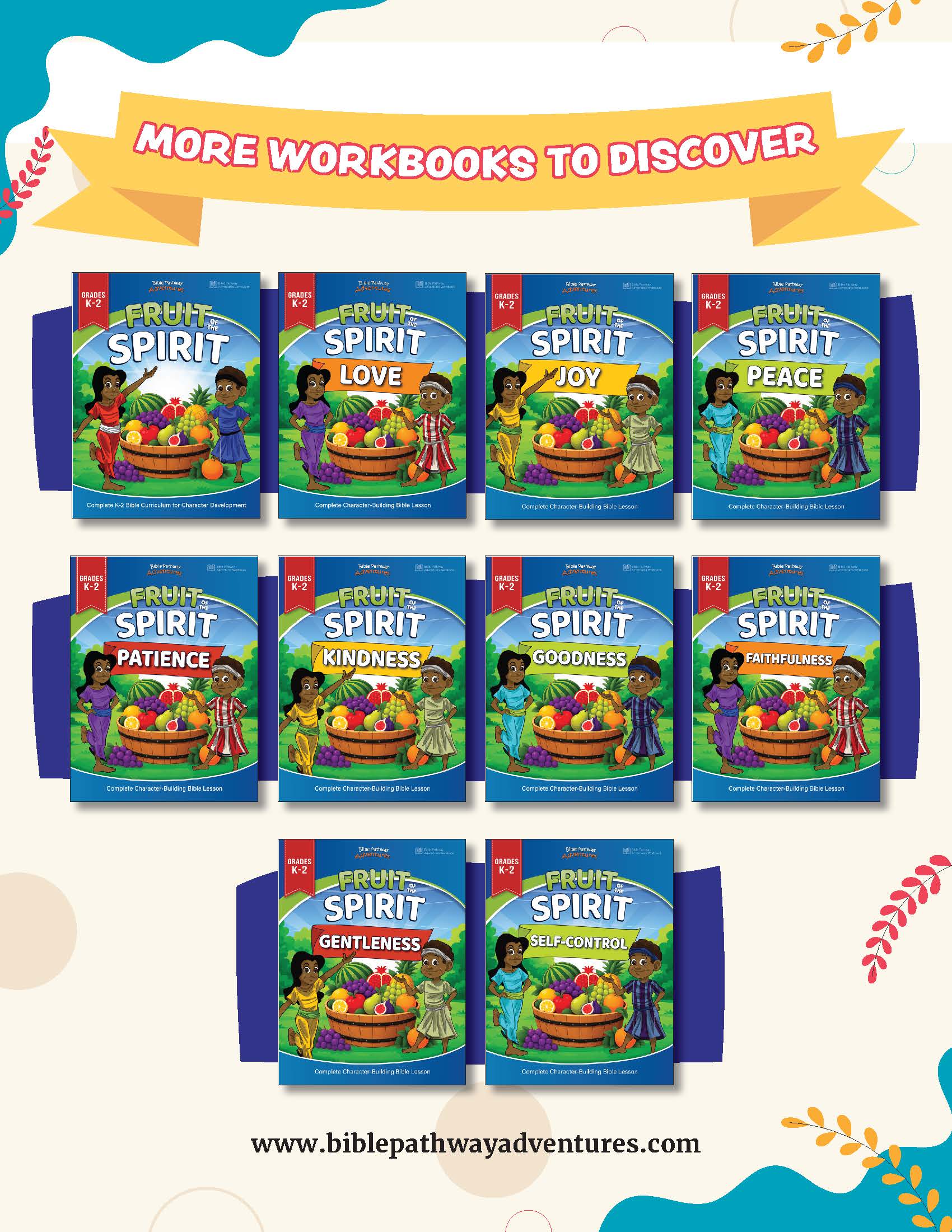 A promotional collage showing multiple boxed children's workbook books arranged in rows on a light cream background with decorative teal and yellow graphics. The top banner reads 'MORE WORKBOOKS TO DISCOVER.