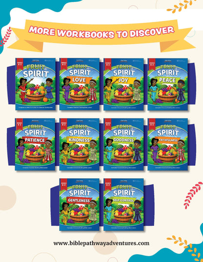A promotional collage showing multiple boxed children's workbook books arranged in rows on a light cream background with decorative teal and yellow graphics. The top banner reads 'MORE WORKBOOKS TO DISCOVER.