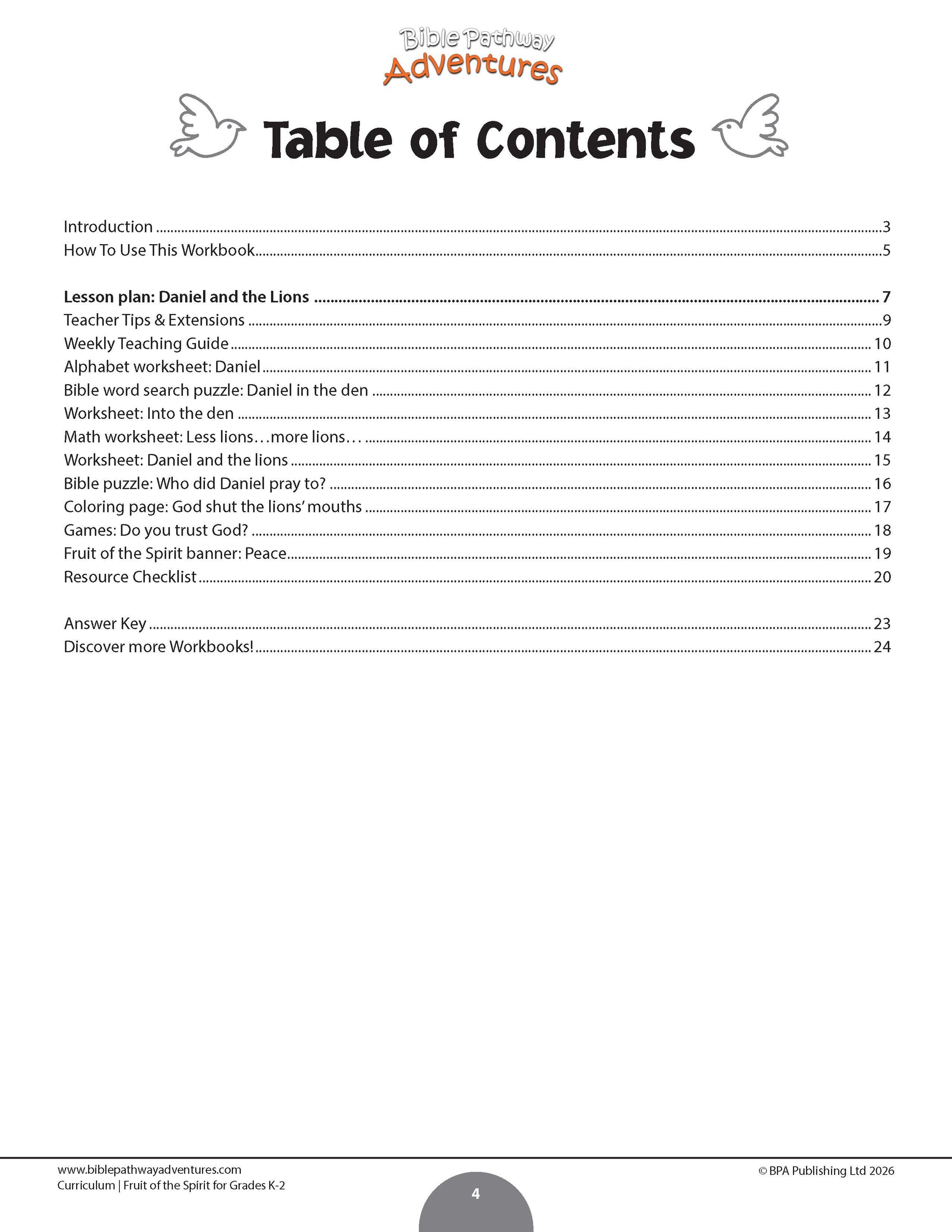 A digital preview of a Bible teaching workbook's table of contents page, titled 'Table of Contents' under the 'Bible Teaching Adventures' logo - Fruit of the Spirit Peace