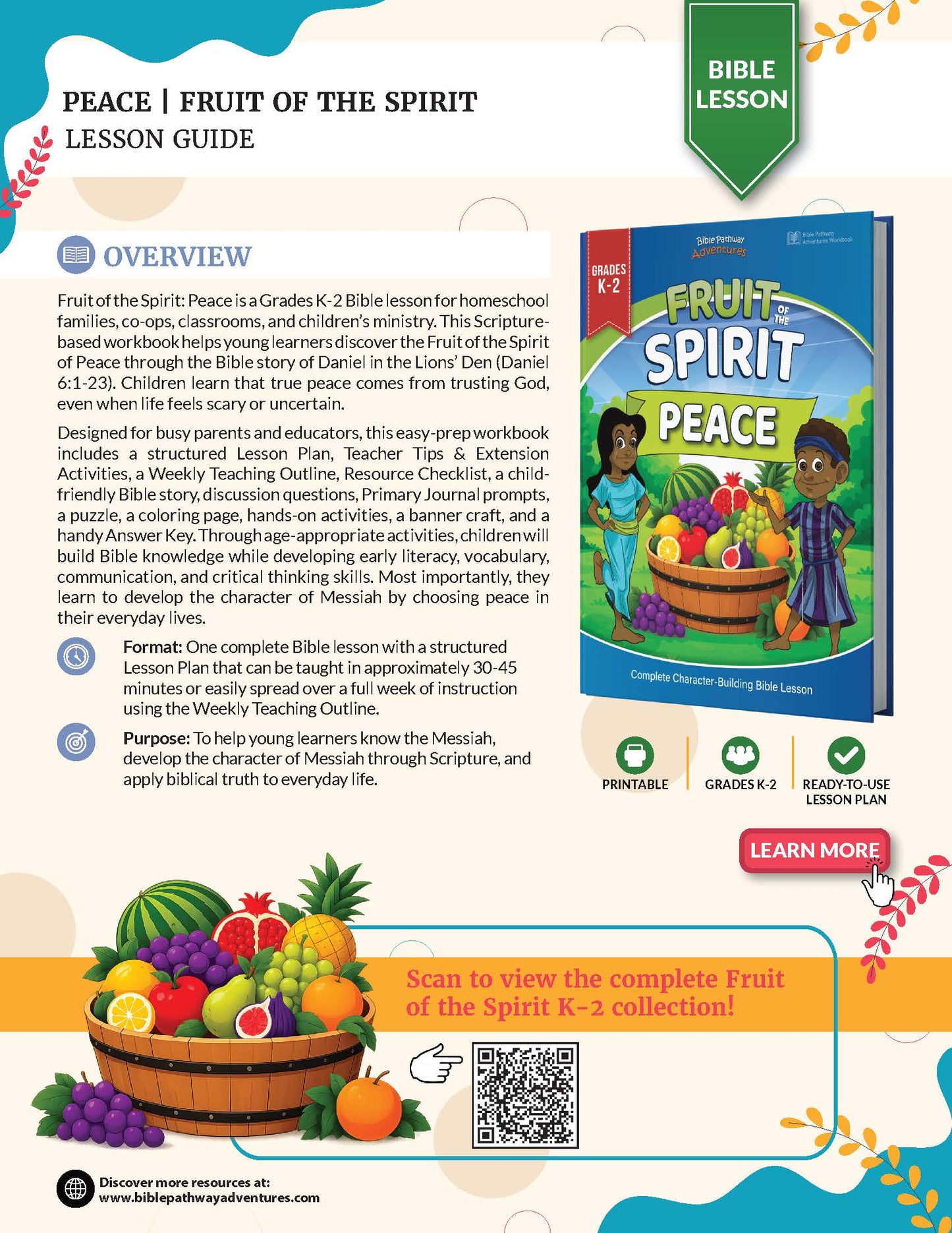Promotional flyer for the 'Peace | Fruit of the Spirit' lesson plan bundle by Discovering God's Life. The flyer features a colorful graphic layout with illustrations of leafy vines, a QR code, and a preview of the book cover for 'Fruit of the Spirit Peace' alongside descriptive text about the lesson's overview, format, and printable components.