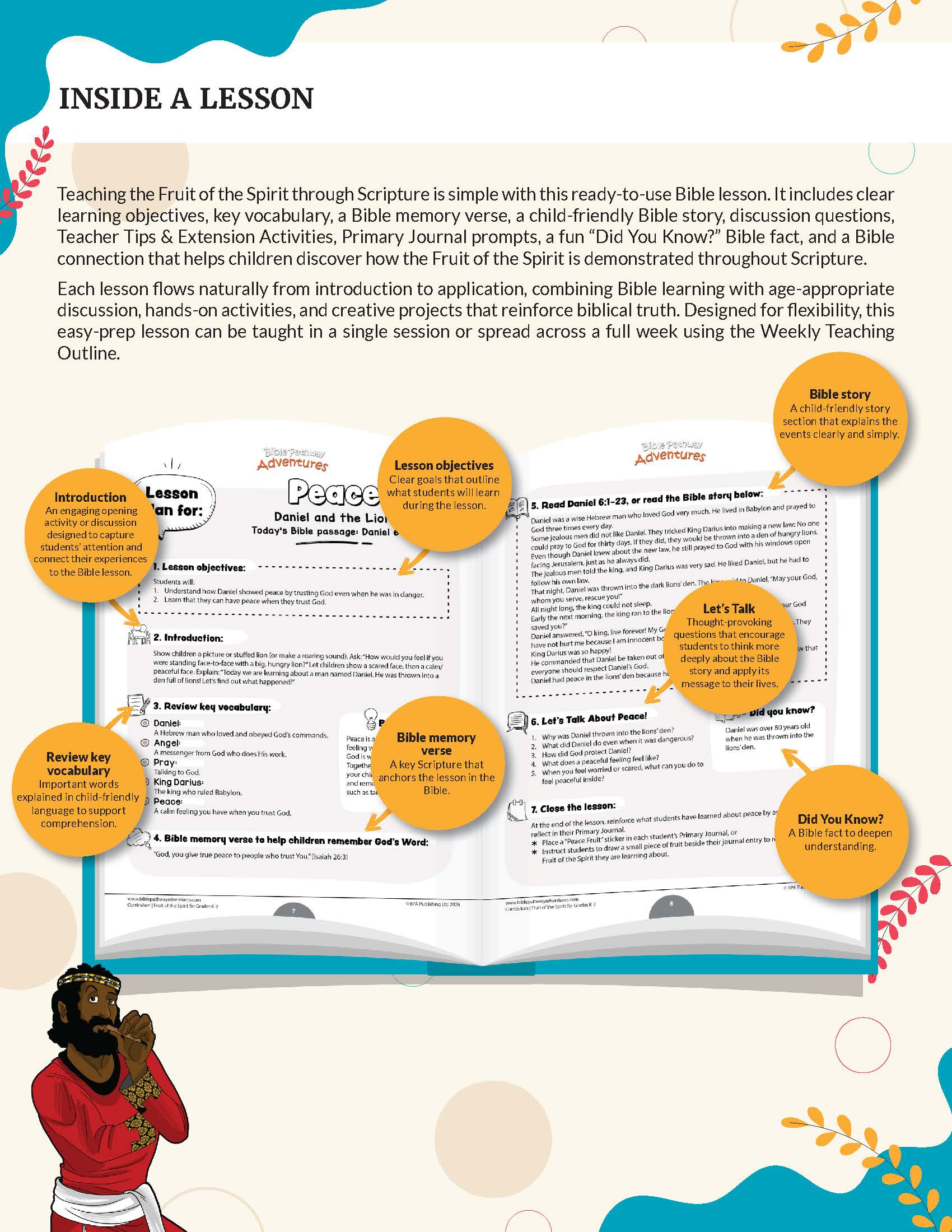 An educational Bible lesson guide cover titled 'Fruit of the Spirit Peace' workbook for grades K-2' with a large open Bible illustration in the center, surrounded by orange circular callouts and decorative teal and coral accents on a white background.