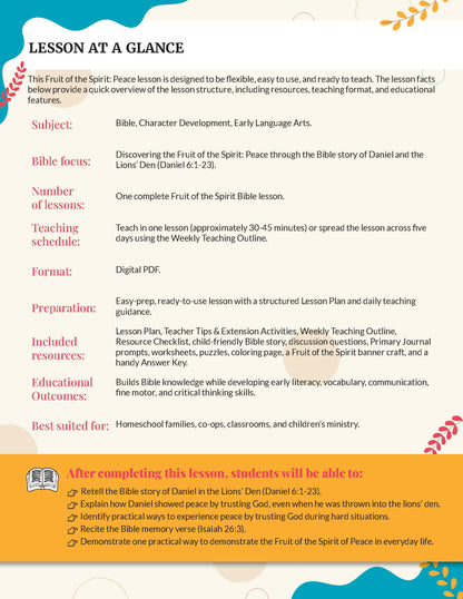Fruit of the Spirit Peace' workbook for grades K-2 A digital preview page for a 'Lesson at a Glance' Bible study on the Fruit of the Spirit, featuring a structured layout with red and orange text on a white background with decorative leaf borders.