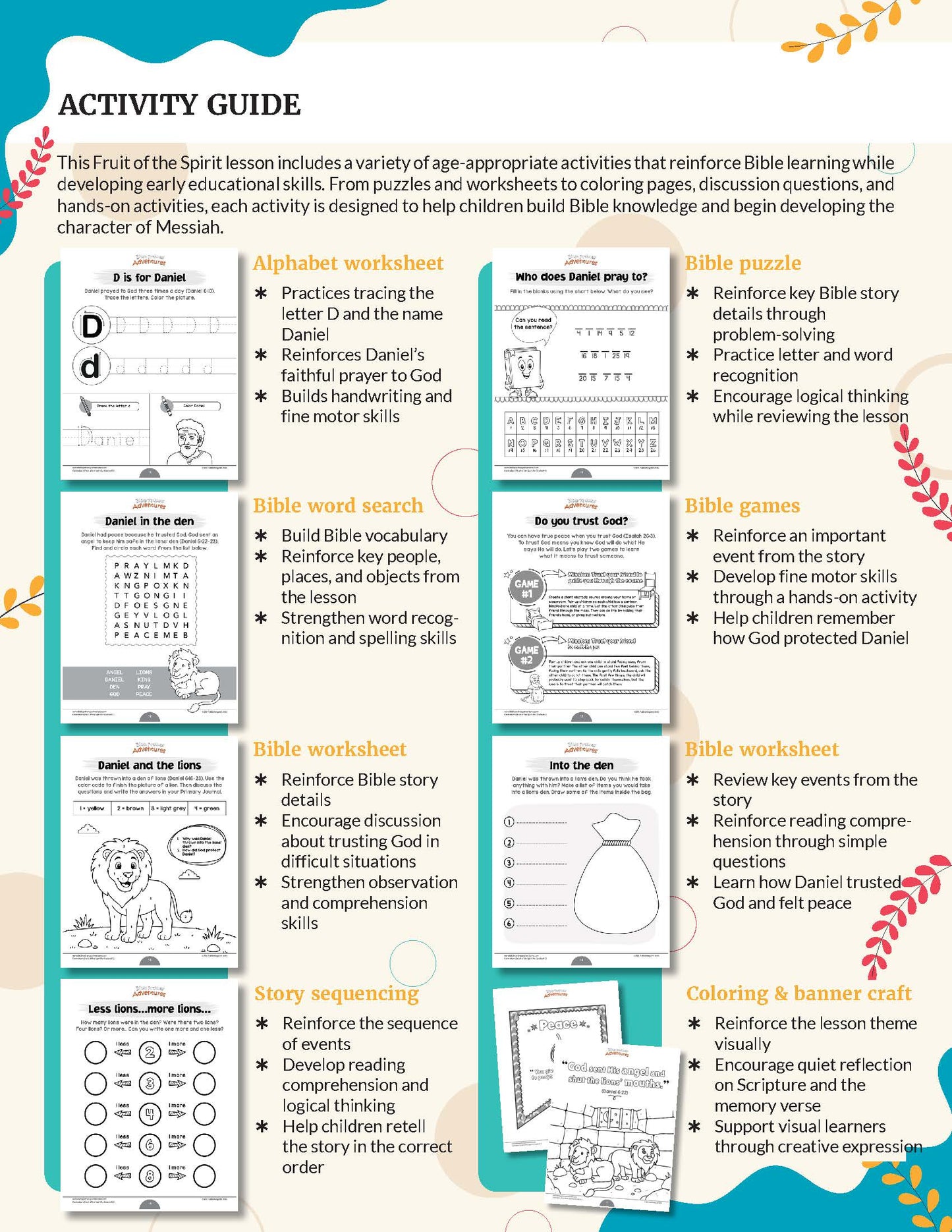 An activity guide sheet for Fruit of the Spirit Peace' workbook for grades K-2, featuring a colorful grid layout with various printable worksheets, puzzles, and coloring pages. The sheet includes text descriptions of each activity and illustrations of a Bible character, Daniel, in multiple scenes.