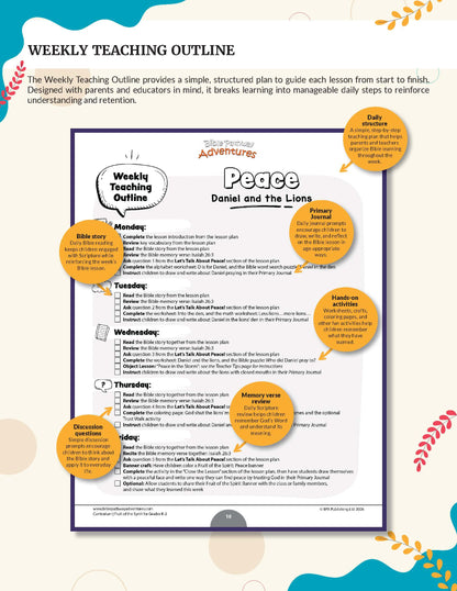 A Fruit of the Spirit Peace' workbook for grades K-2 weekly teaching outline printable template shown on a decorative beige background with colorful doodles. The central sheet contains a structured daily schedule from Monday through Friday with sections for side story, main read, prayer, lesson, and discussion, plus orange callout bubbles around the page.