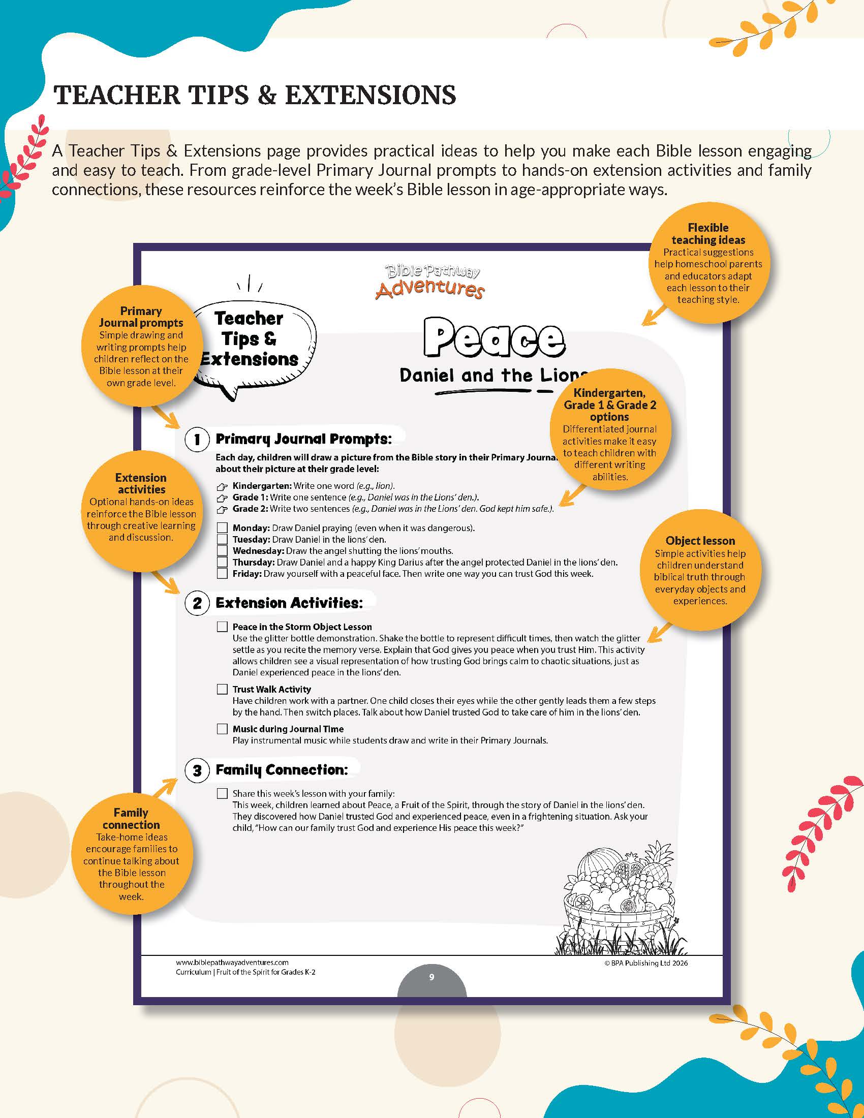 A Fruit of the Spirit Peace' workbook for grades K-2 Teacher Tips & Extensions educational resource sheet for the Bible book 'Adventures in Peace: Daniel and the Lion'. The page features a clean white layout with black text, a purple border, and several orange circular callouts highlighting primary journal prompts, extension activities, and family connections.
