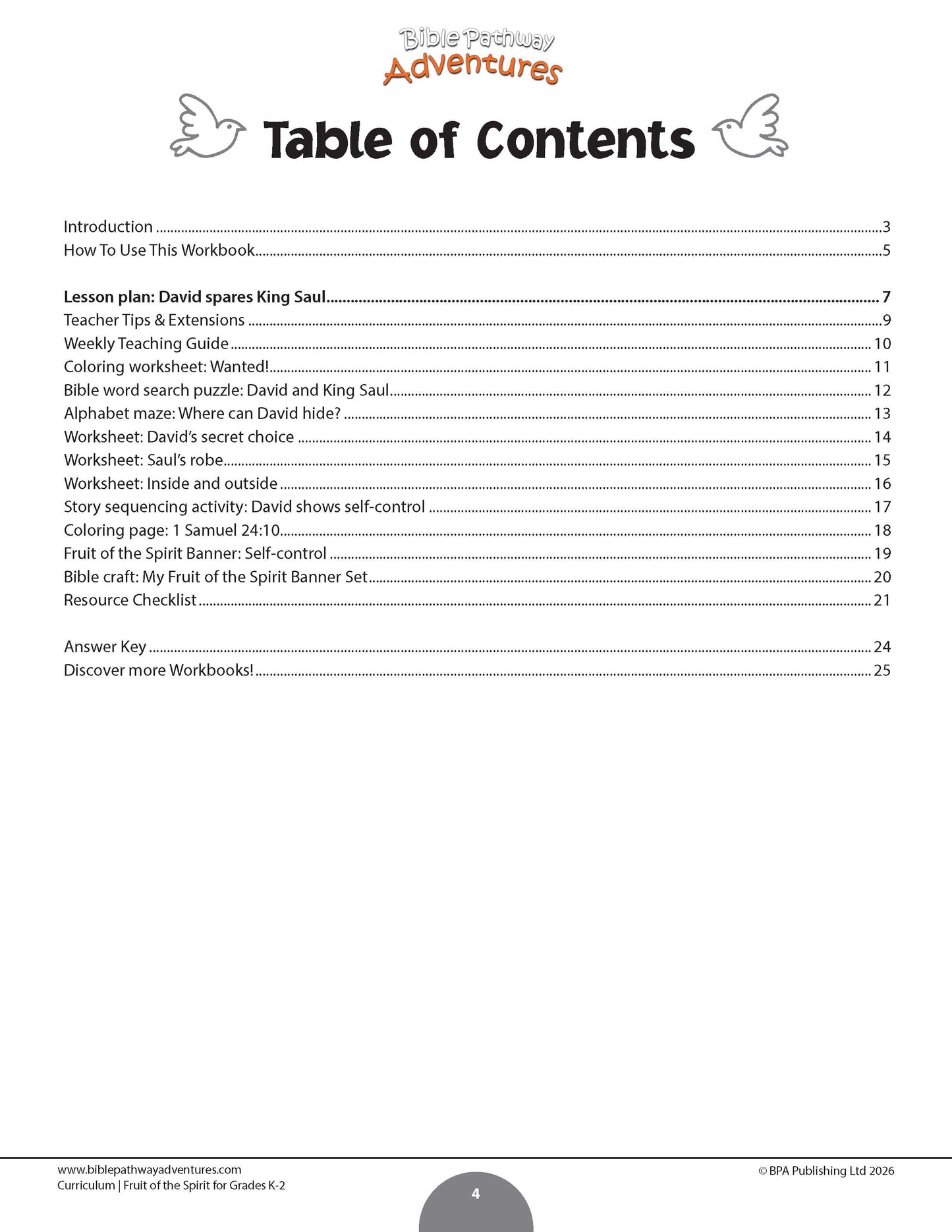 A black-and-white Table of Contents page from a Bible activity workbook showing chapter and section headings with page numbers.