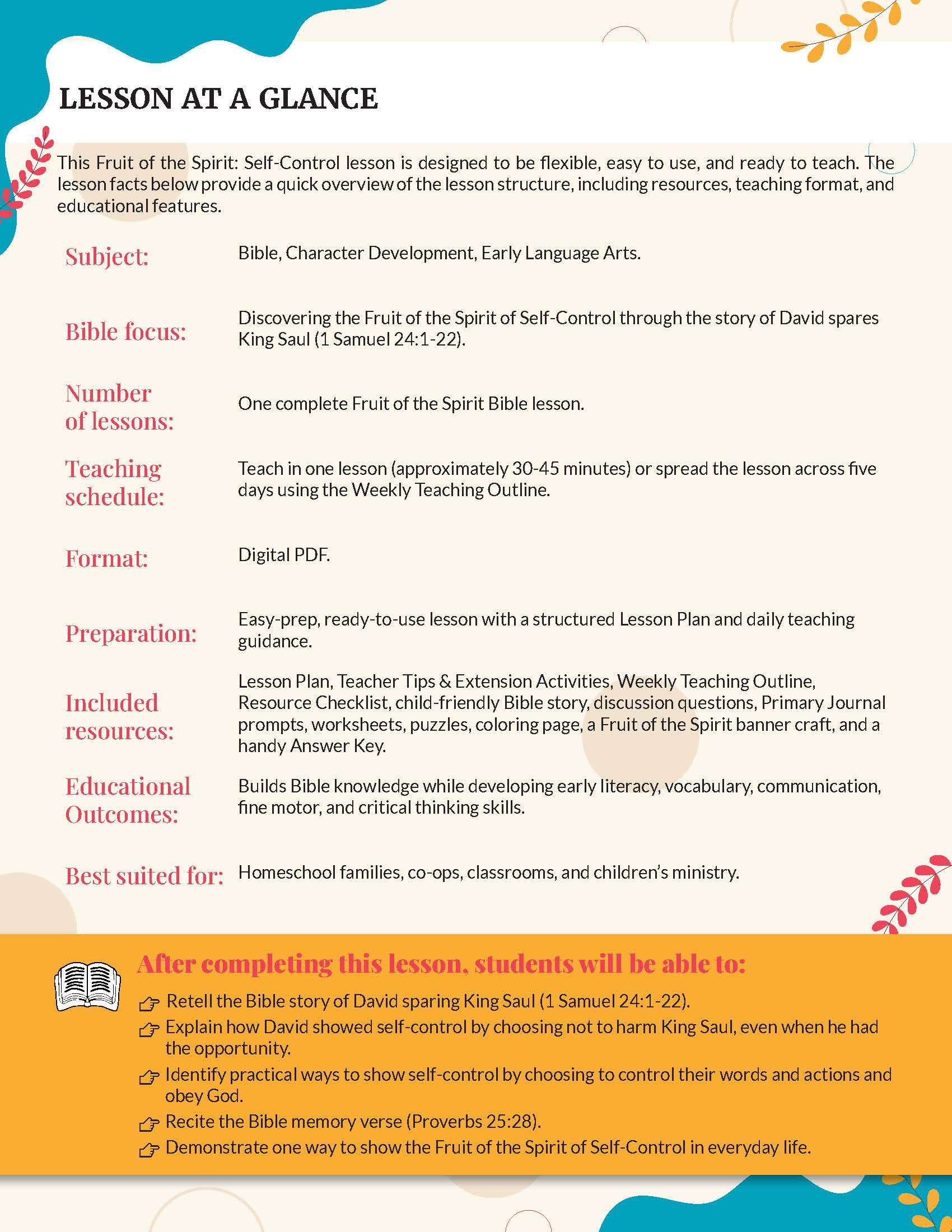 A digital preview of a printable lesson plan titled 'Fruit of the Spirit Self-Control' for grades K-2' about the Fruit of the Spirit from the Bible. The document features a white background with black text, red and blue labels, and decorative orange and green leaf illustrations in the corners.
