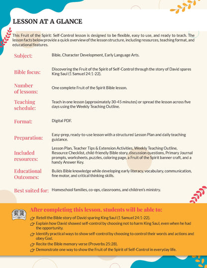 A digital preview of a printable lesson plan titled 'Fruit of the Spirit Self-Control' for grades K-2' about the Fruit of the Spirit from the Bible. The document features a white background with black text, red and blue labels, and decorative orange and green leaf illustrations in the corners.