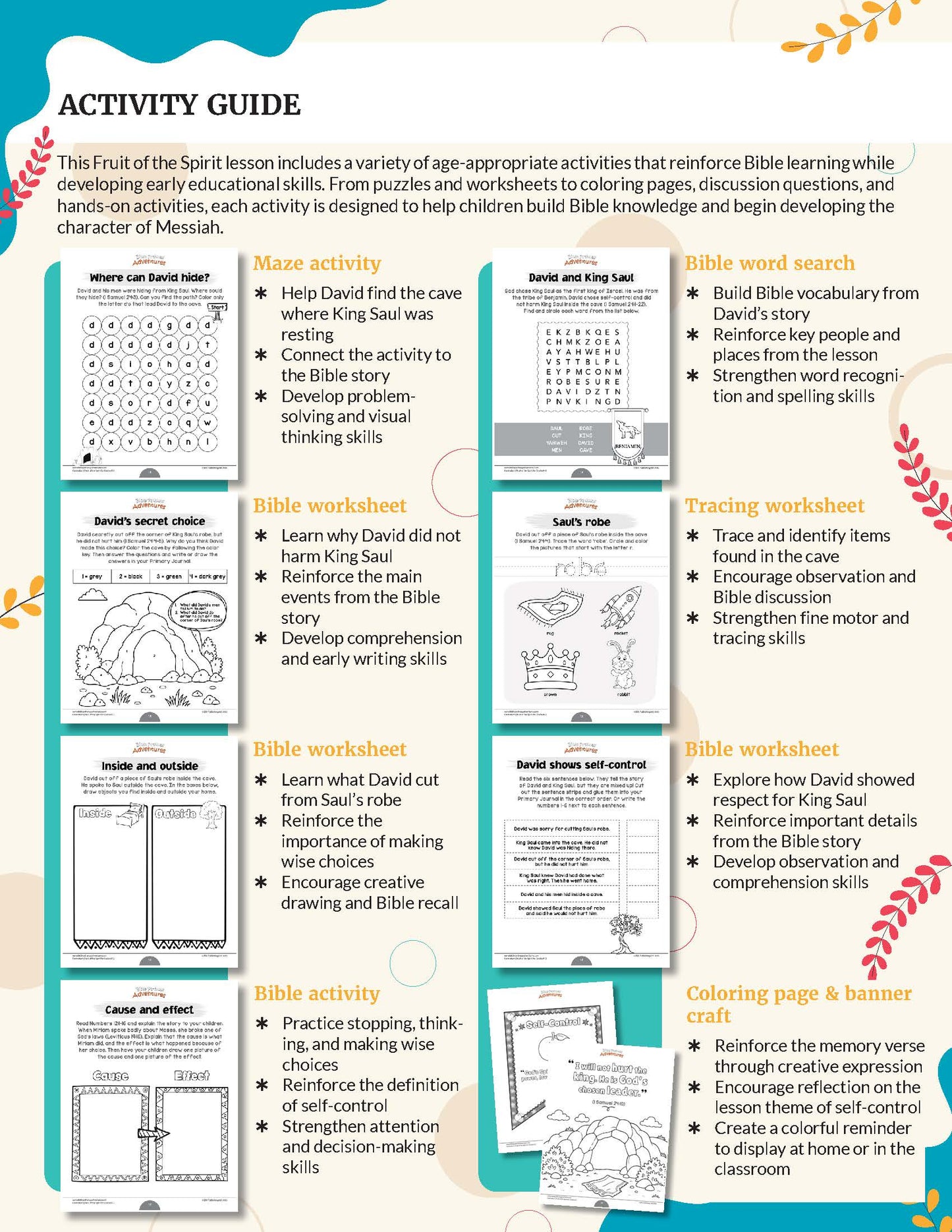 An activity guide sheet for Fruit of the Spirit Self-Control' for grades K-2, featuring a colorful grid of lesson cards, worksheets, coloring pages, and a banner craft with headings like 'Bible activity,' 'Bible worksheet,' 'Bible lesson,' and 'Coloring page & banner craft.'.