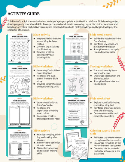 An activity guide sheet for Fruit of the Spirit Self-Control' for grades K-2, featuring a colorful grid of lesson cards, worksheets, coloring pages, and a banner craft with headings like 'Bible activity,' 'Bible worksheet,' 'Bible lesson,' and 'Coloring page & banner craft.'.