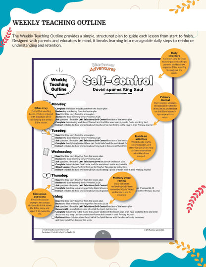 A printable weekly teaching outline poster titled 'Self-Control' with a structured daily schedule from Monday to Friday, surrounded by six orange circular callout bubbles with teaching tips. The design includes a white background, black text, and decorative teal and orange leaf accents in the corners.