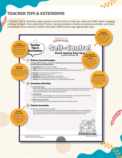 A Teacher Tips & Extensions educational resource sheet titled 'Fruit of the Spirit Self-Control' for grades K-2' showing printable lesson materials with orange callout circles and decorative teal and beige background graphics.
