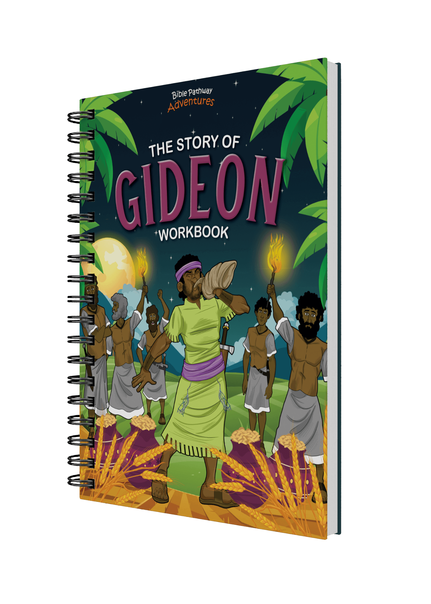Spiral-bound Workbook titled 'The Story of Gideon' with colorful illustration on a black background