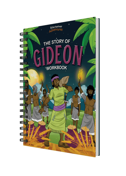 Spiral-bound Workbook titled 'The Story of Gideon' with colorful illustration on a black background