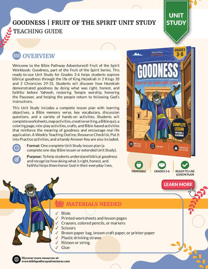 Teaching guide for 'Goodness | Fruit of the Spirit' unit study with a character illustration and product packaging.