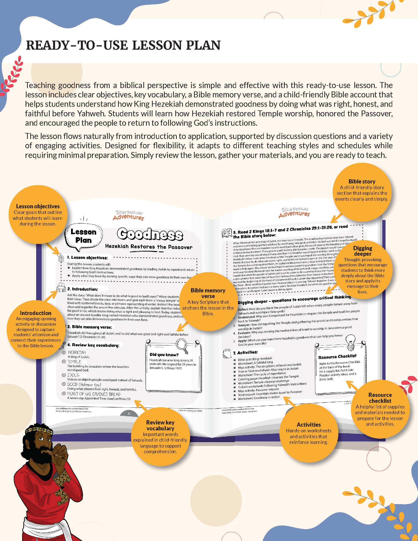 Ready-to-use lesson plan for teaching goodness from a biblical perspective, featuring a character illustration on the left.