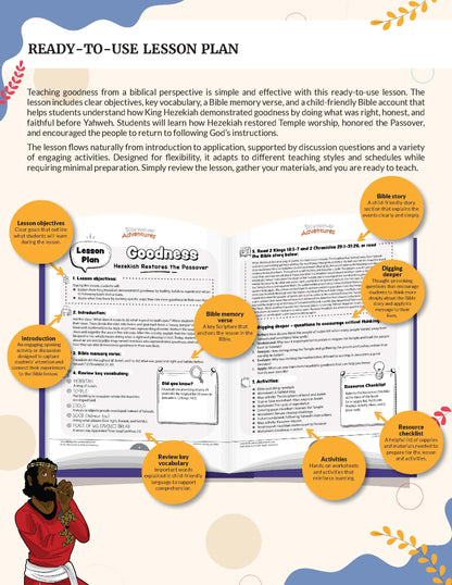 Ready-to-use lesson plan for teaching goodness from a biblical perspective, featuring a character illustration on the left.