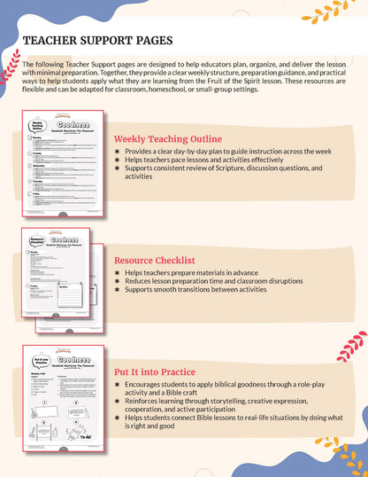 Goodness' Fruit of the Spirit Unit Study for grades 3-6: Teacher Support Pages with weekly teaching outline, resource checklist, and practice activities on a beige background.