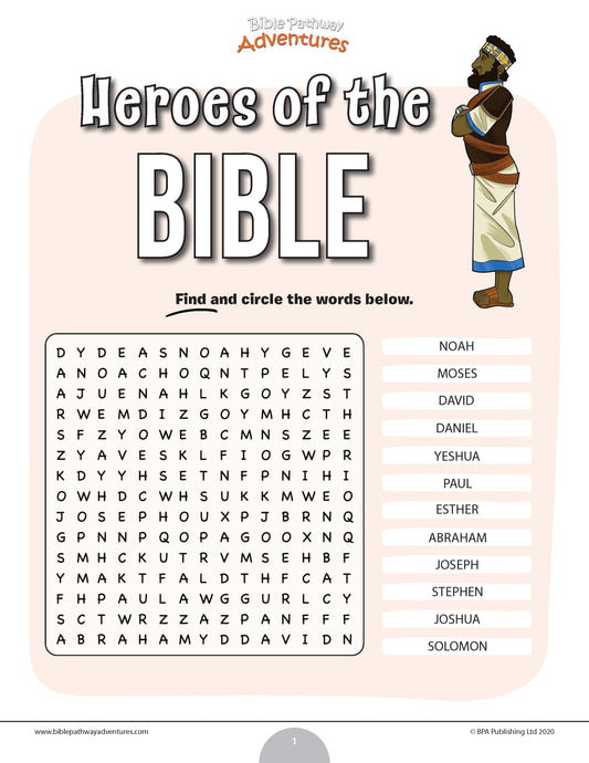 Word search puzzle titled 'Heroes of the Bible' with a character illustration on a light pink background.