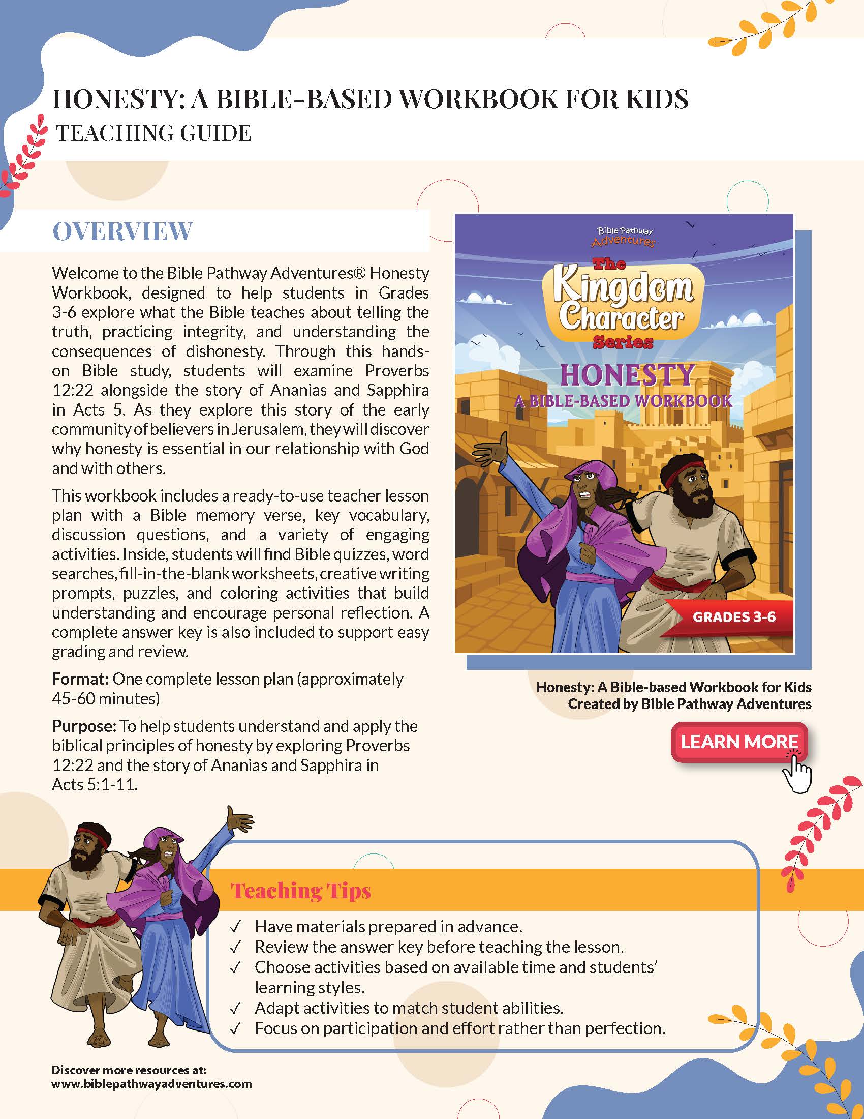 Advertisement for 'Honesty: A Bible-Based Workbook for Kids' teaching guide with a colorful design and text.