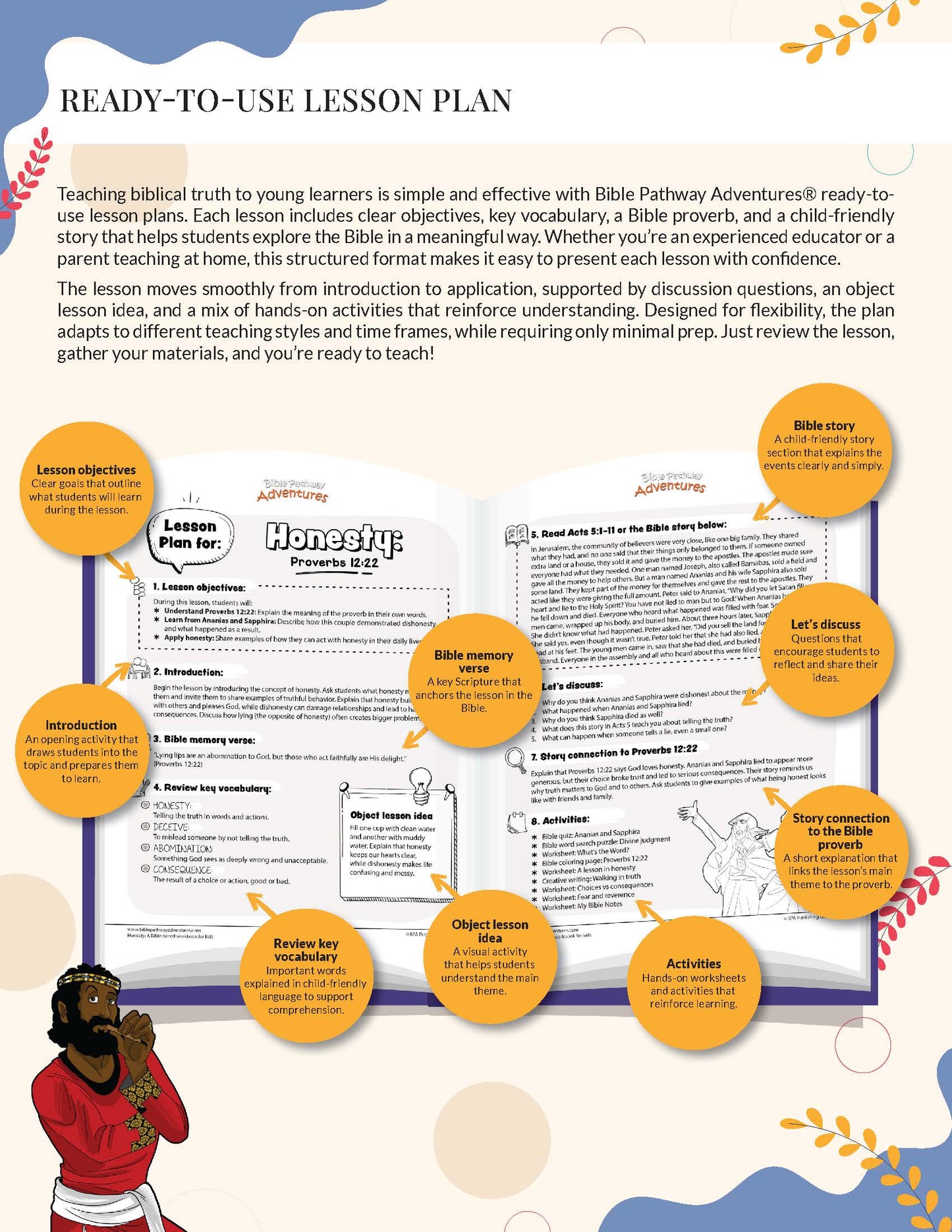 Honesty Lesson plan for Kids with biblical content and colorful design elements on a white background