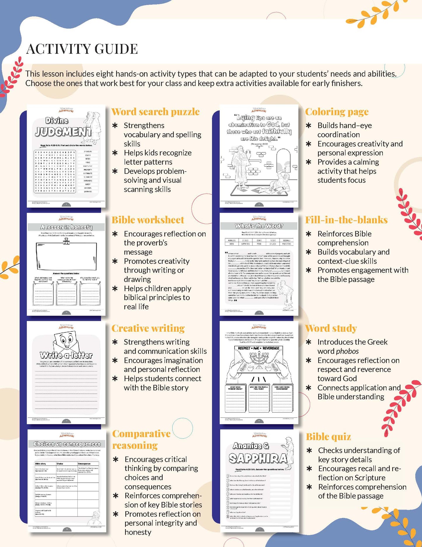 Honesty Bible Activity guide with various educational worksheets on a white background