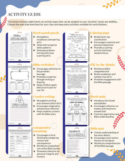 Honesty Bible Activity guide with various educational worksheets on a white background