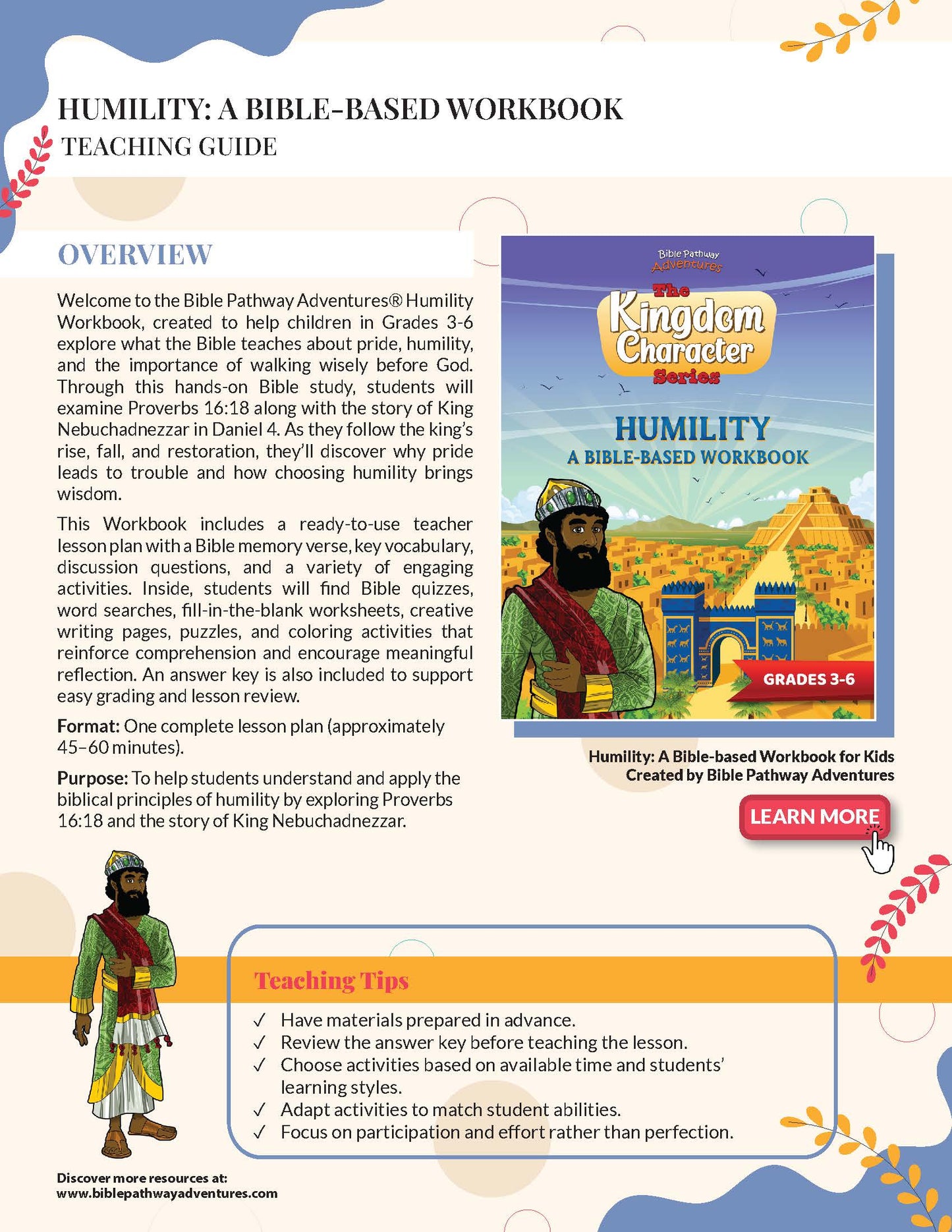 Advertisement for 'Humility: A Bible-Based Workbook' teaching guide with character illustrations and text.