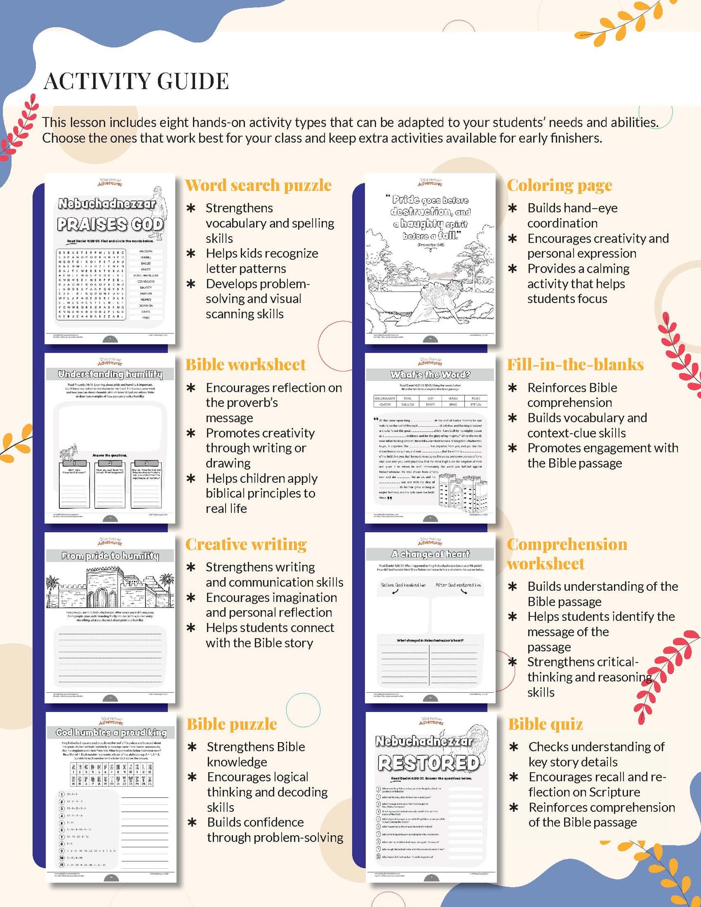 Humility Activity guide with various educational worksheets on a white background