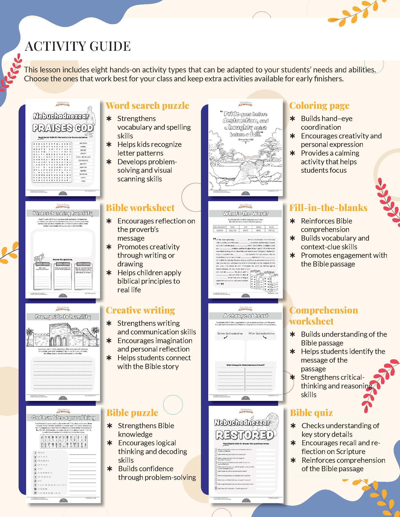 Humility Activity guide with various educational worksheets on a white background