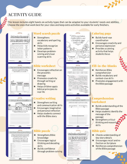 Humility Activity guide with various educational worksheets on a white background